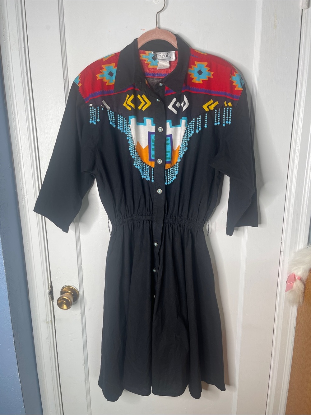 90s Western Dress 10 D. Frank USA Rodeo Queen Cowgirl Vintage Black Beads Fringe